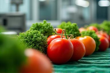 Conveyor belt with fresh produce under inspection